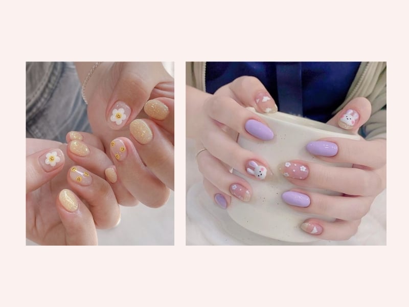 Mẫu nail dễ thương với họa tiết bông hoa, ngôi sao, chipi