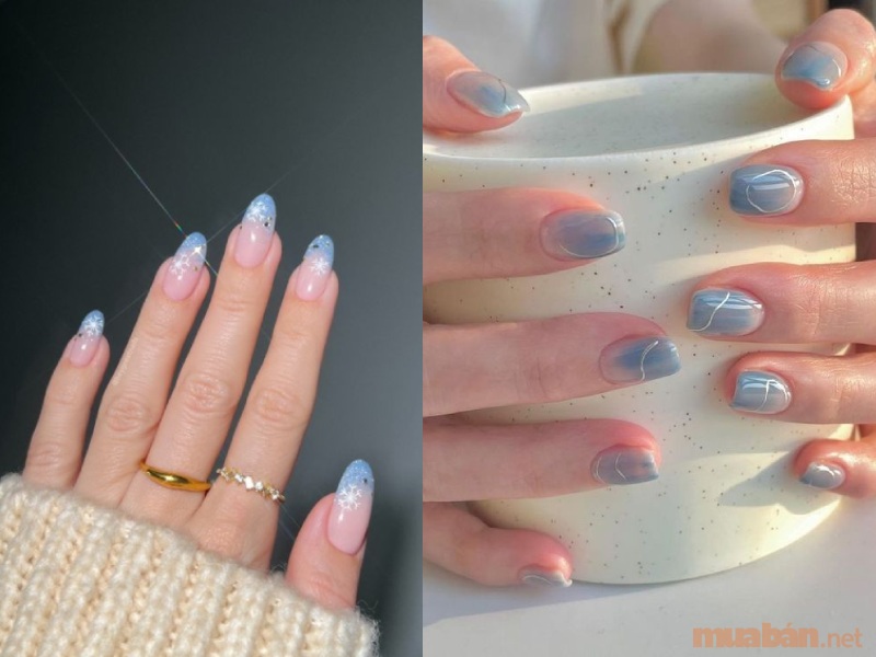 Mẫu nail ombre màu xanh kết hợp vẽ hoạ tiết