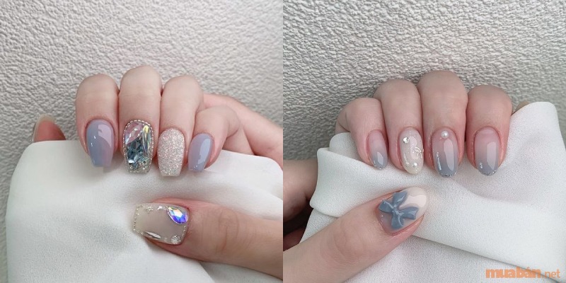 Mẫu nail ombre màu xanh kết hợp đính phụ kiện