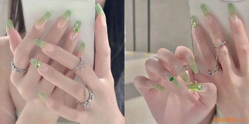 Mẫu nail ombre màu xanh lá kết hợp đính đá