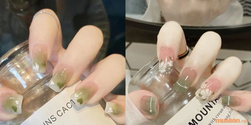 Mẫu nail ombre màu xanh kết hợp vẽ hoạ tiết