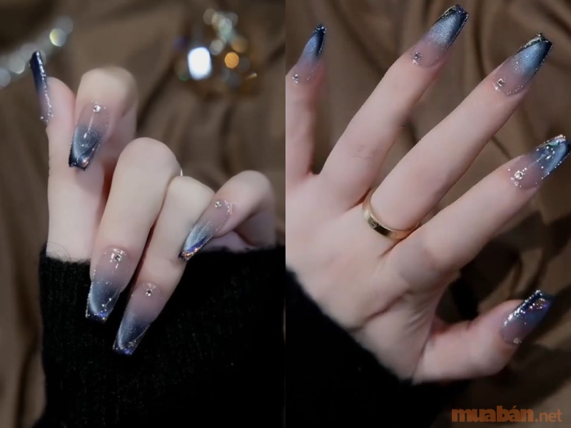 Mẫu nail ombre màu xanh dương kết hợp sơn mắt mèo