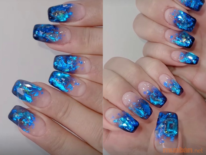 Mẫu nail ombre màu xanh dương kết hợp ẩn xà cừ