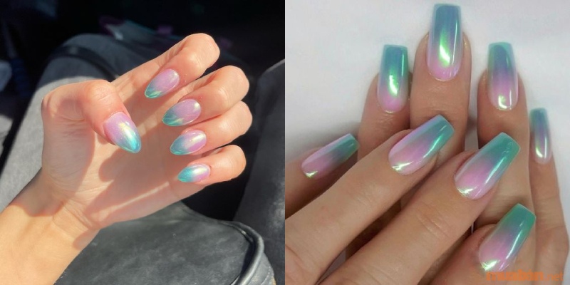 Mẫu nail ombre màu xanh ngọc kết hợp tráng gương