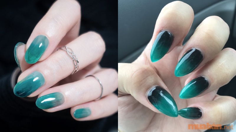 Mẫu nail ombre màu xanh ngọc kết hợp với các tone màu tối