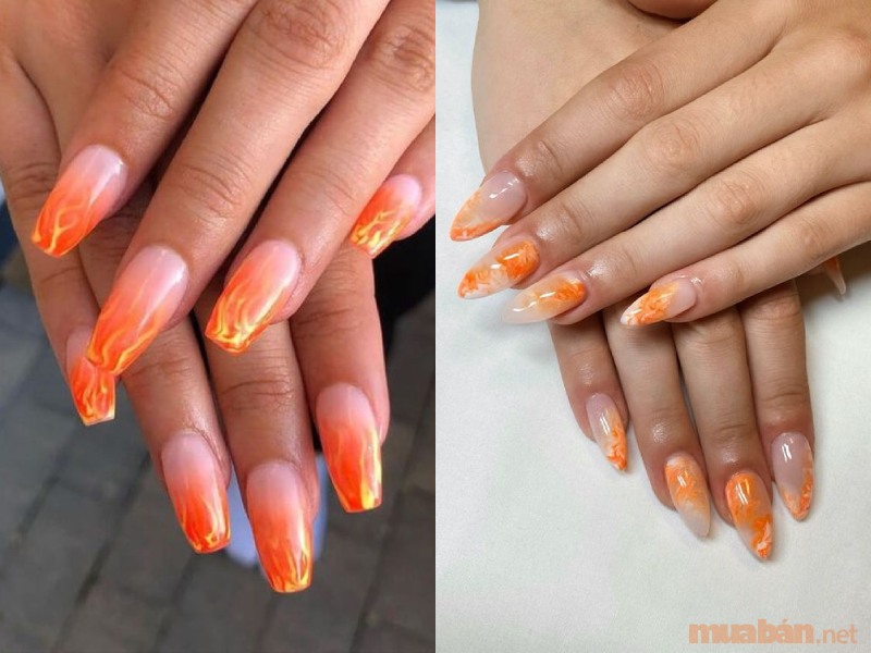 Mẫu nail ombre màu cam kết hợp vẽ hoạ tiết độc đáo