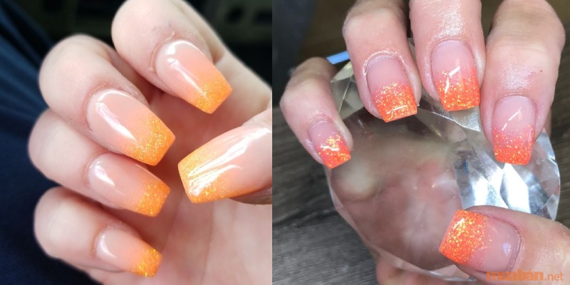 Mẫu nail ombre màu cam kết hợp ánh nhũ