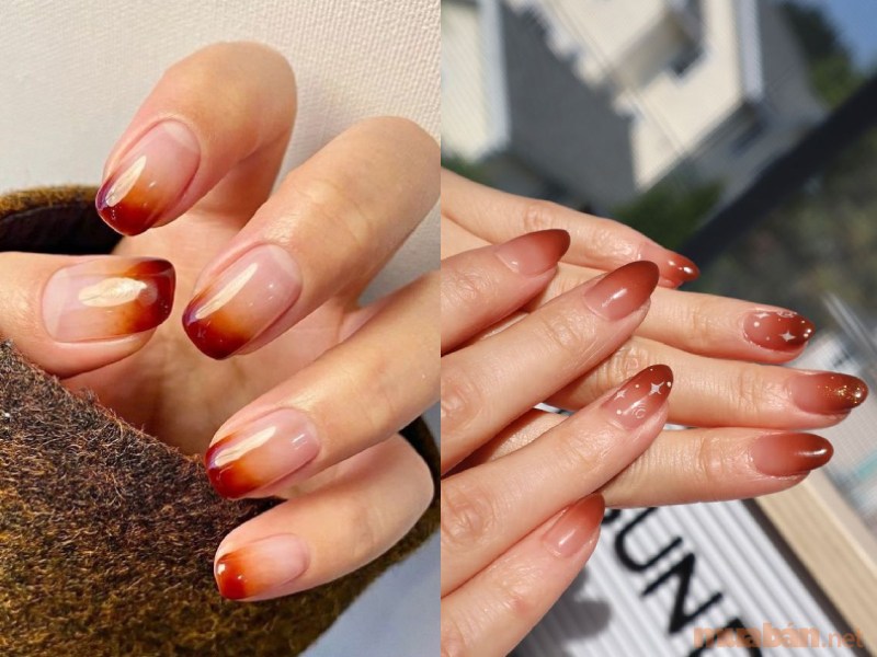 Mẫu nail ombre màu nâu đỏ