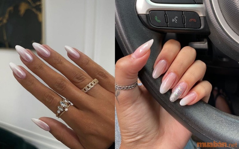 Mẫu nail ombre màu trắng kết hợp ẩn nhũ và tráng gương