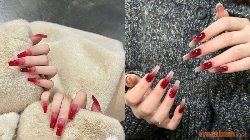 Mẫu nail ombre màu đỏ lựu