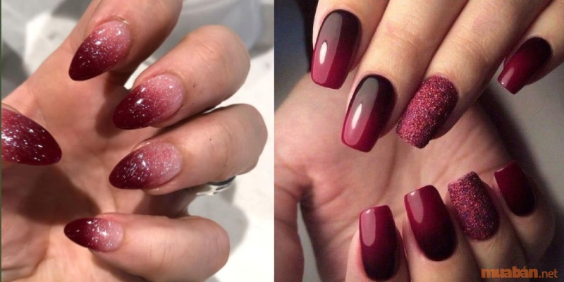 Mẫu nail ombre màu đỏ đen kết hợp nhũ cát hoặc nhũ kim tuyến