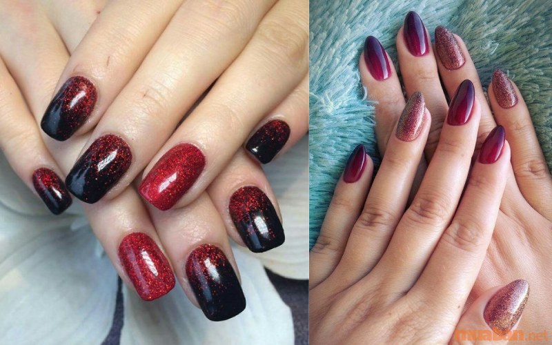 Mẫu nail ombre đỏ đen kết hợp nhũ kim tuyến