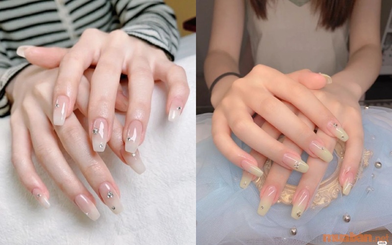 Mẫu nail ombre màu trắng hồng kết hợp đính đá