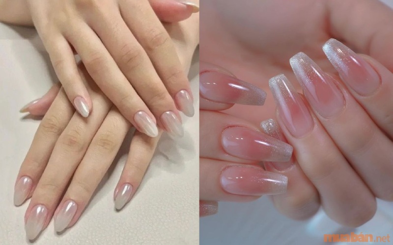 Mẫu nail ombre màu trắng kết hợp tráng gương hoặc sơn mắt mèo