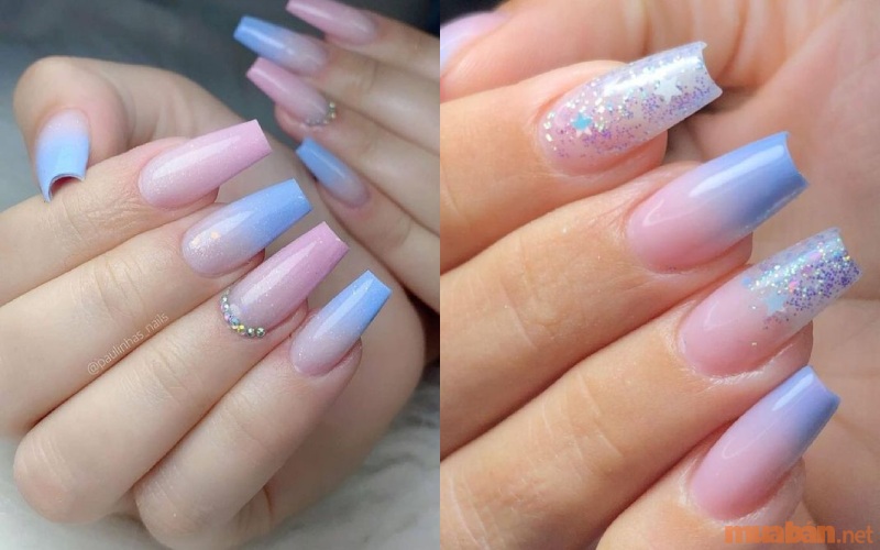 Mẫu nail ombre màu xanh hồng kết hợp đính đá hoặc ẩn nhũ kim tuyến