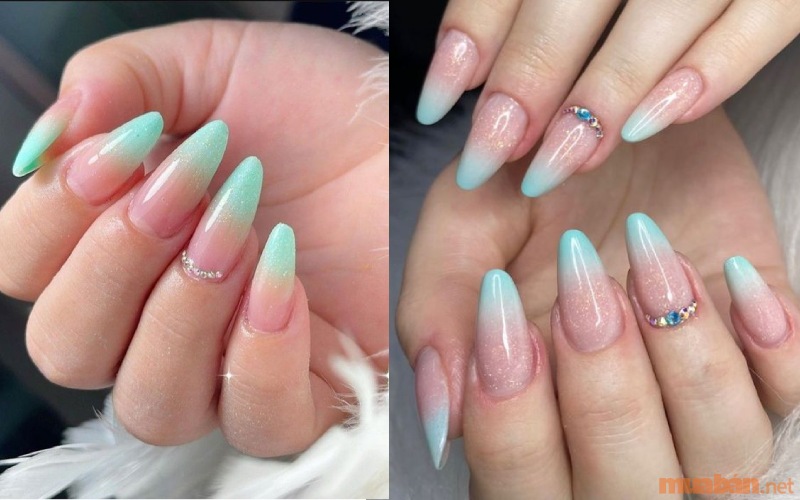 Mẫu nail ombre xanh hồng kết hợp đính đá