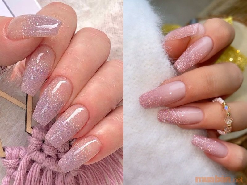 Mẫu nail ombre kim tuyến màu hồng