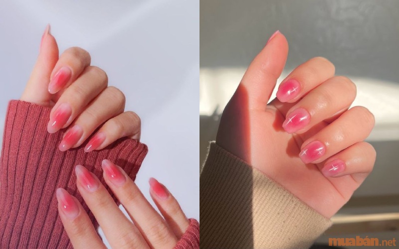 Mẫu nail ombre lòng đào màu hồng hoặc đỏ