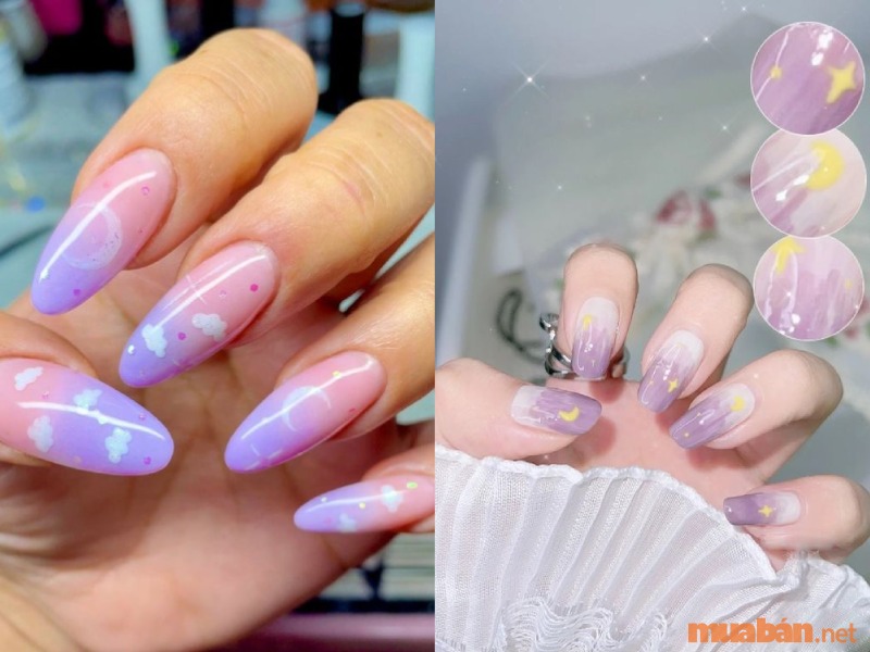 Mẫu nail ombre màu tím kết hợp vẽ hoạ tiết