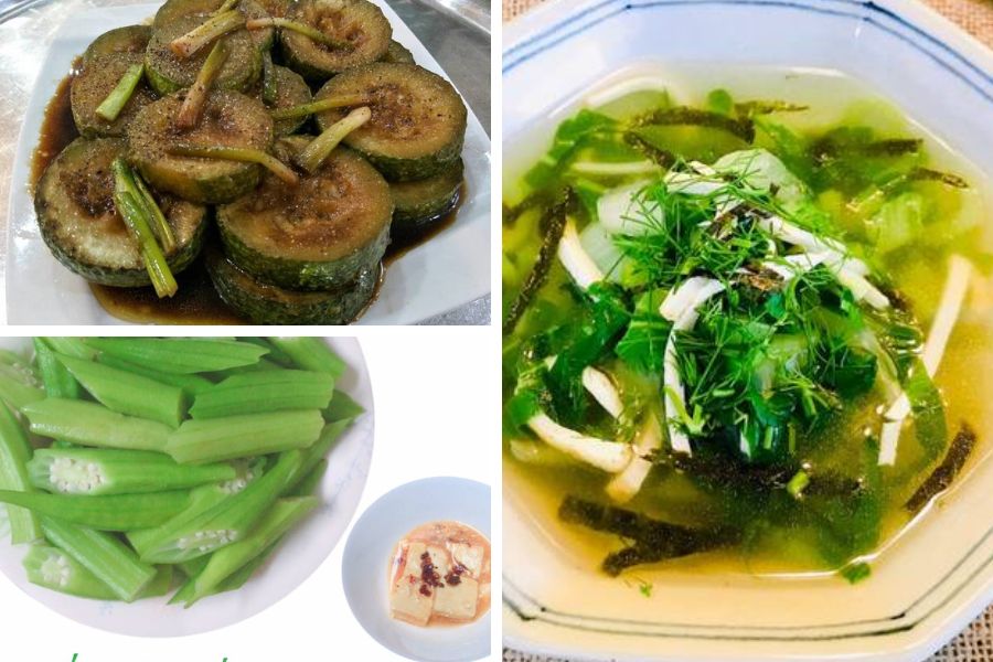 Canh khoai mỡ chay, mì căn cà ri sả ớt, dưa leo, xoài chín tráng miệng