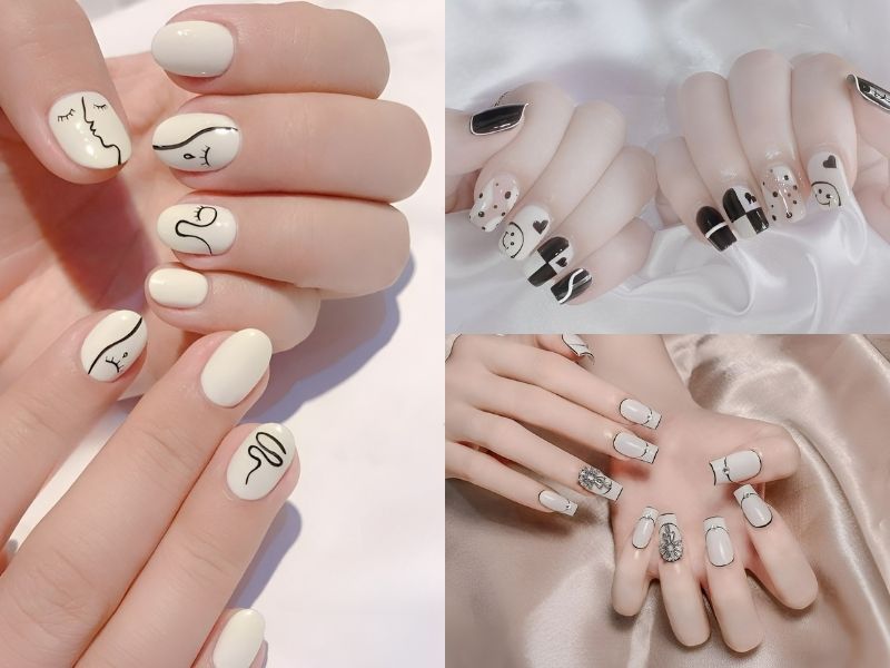 Nail đen trắng vẽ họa tiết nhẹ nhàng