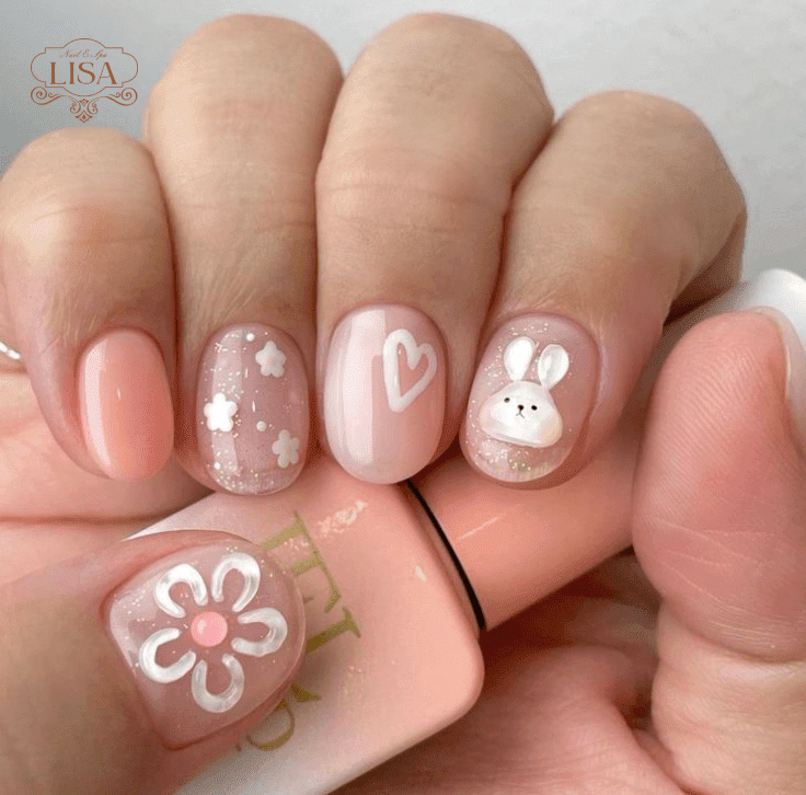 mẫu nail màu hồng thạch