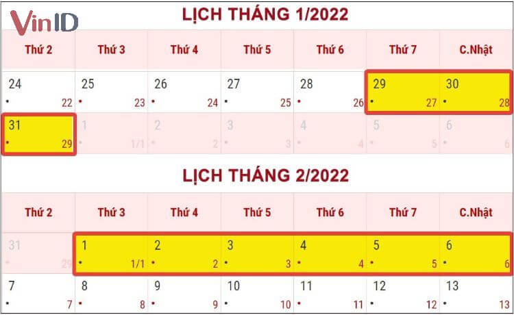 Lịch nghỉ Tết Nhâm Dần 2022