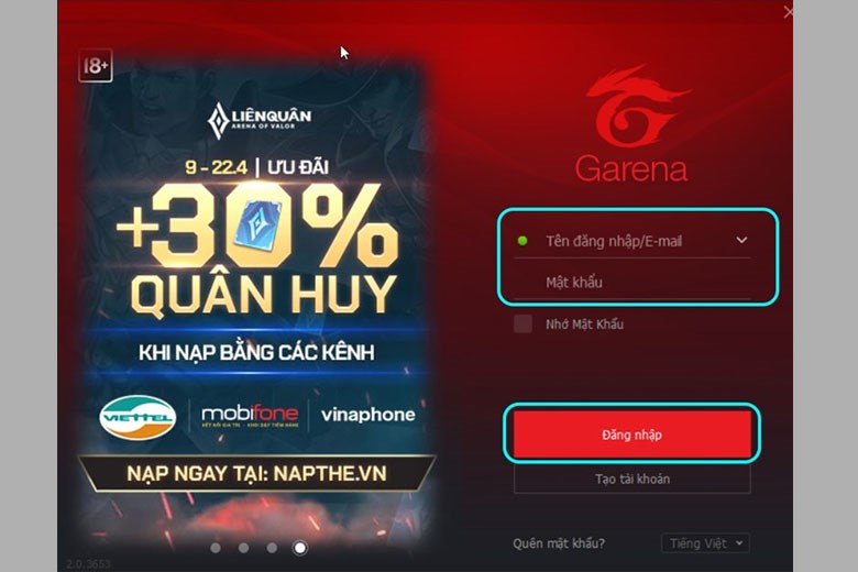 Đăng nhập tài khoản Garena